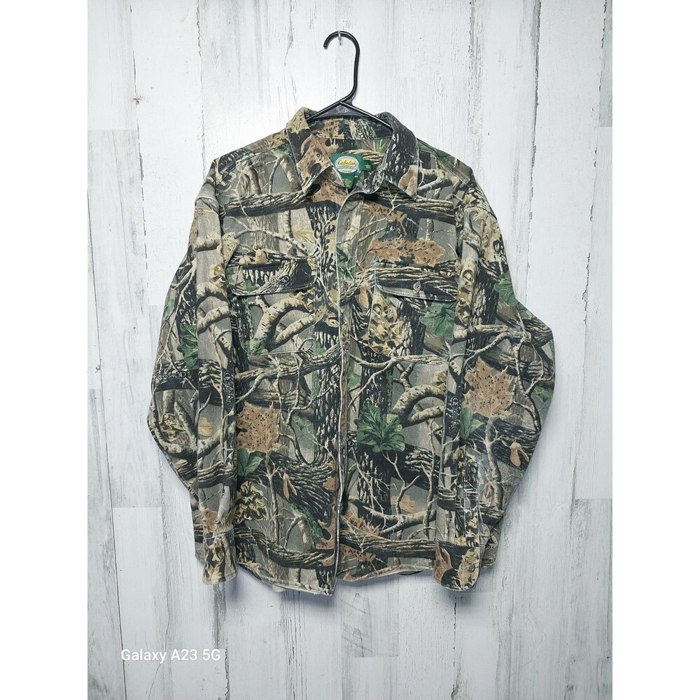 Cabelas Seclusion 3D Mens Large Stick & Leaf Camo Canvas Outdoor Shirt Pockets
